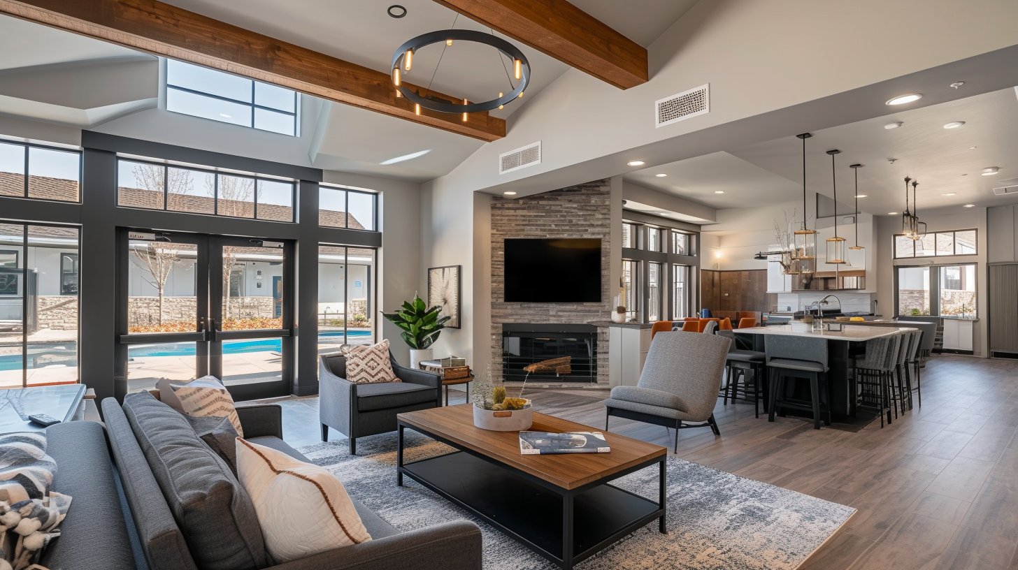 HOA clubhouse with wood beams and pool — Vista, CA