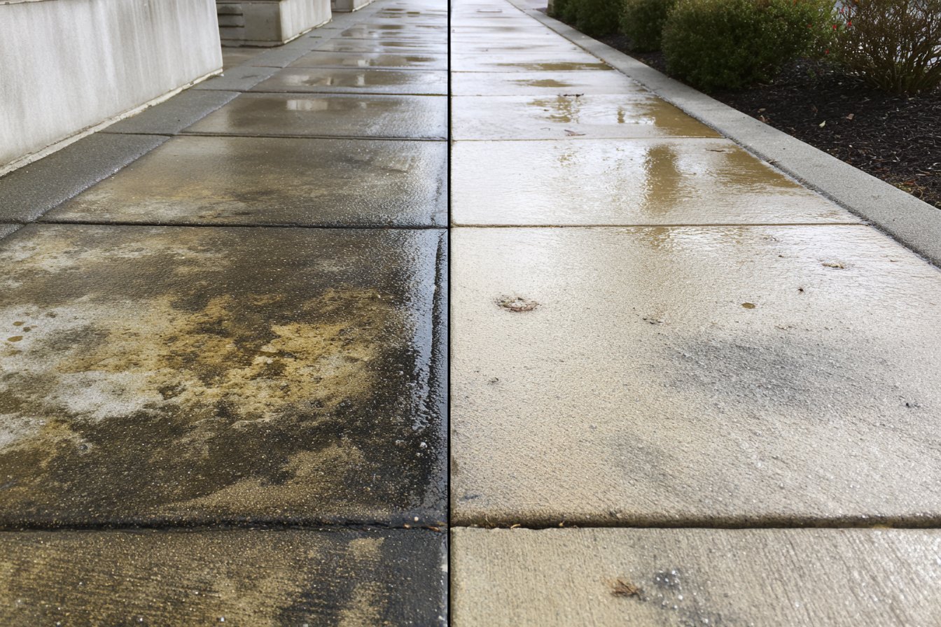 Before and after pressure washing — HOA pool deck, Carlsbad CA