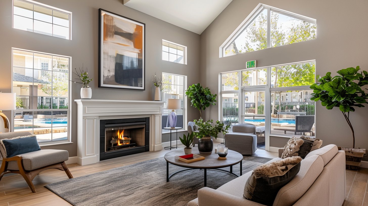 HOA clubhouse cleaning with fireplace and pool view — San Diego