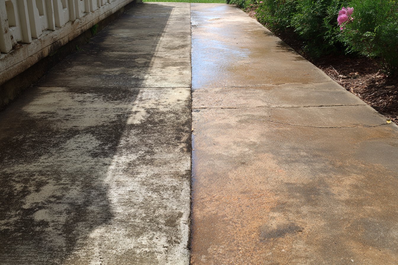 Before and after pressure washing — HOA walkway, Vista, CA